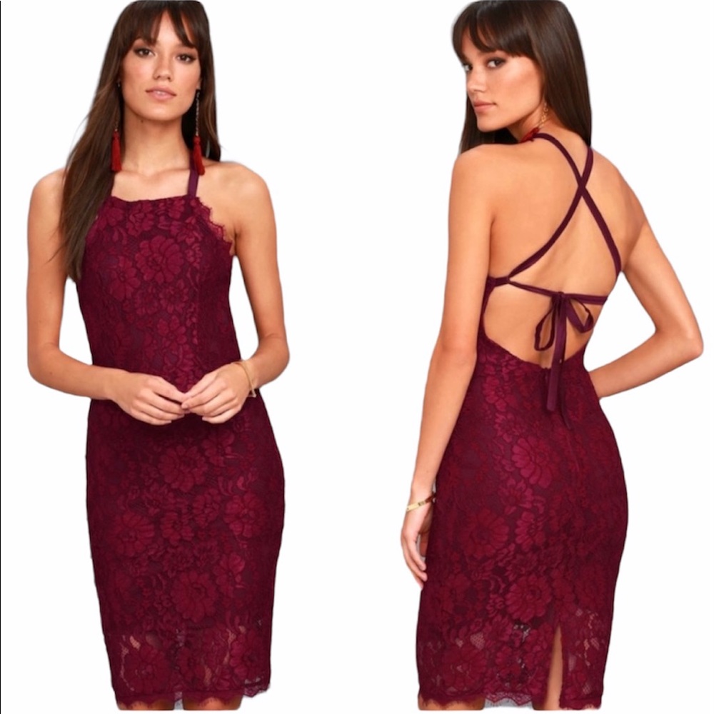 Lulu’s Wishful Wanderings Wine Lace Bodycon Dress